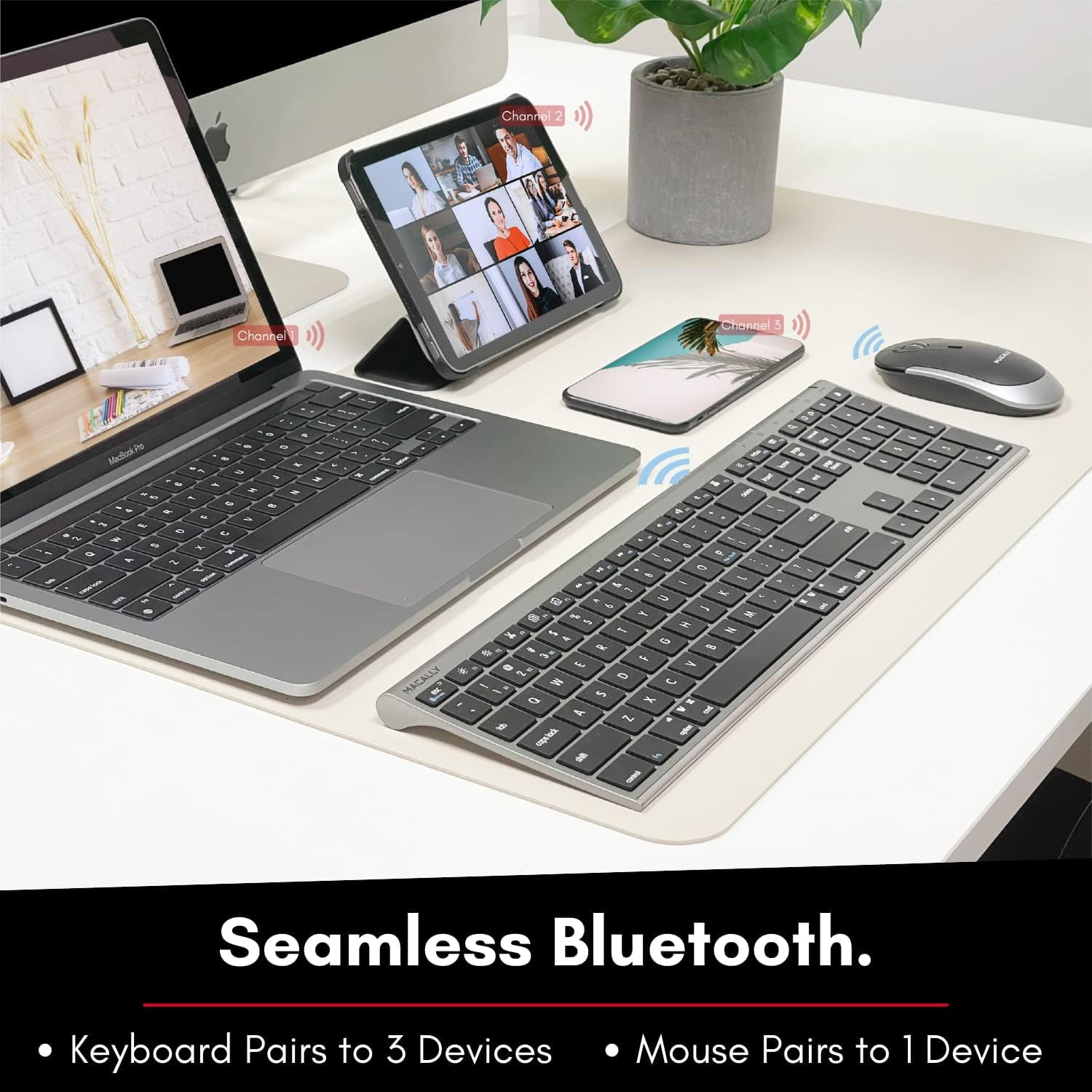Macally Bluetooth Keyboard and Mouse | Mac Duo - Scissors Wireless Bluetooth Keyboard - 110 Key - Space Gray - Wireless Bluetooth Mouse - 1600 dpi - Space Gray - Compatible with Mac, PC