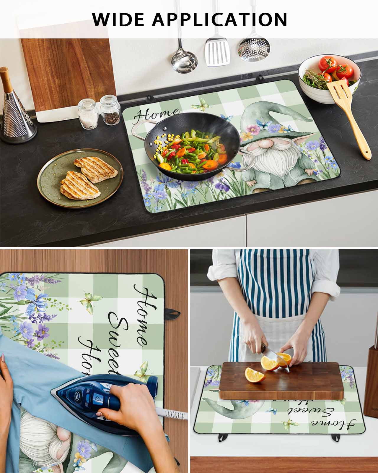nqOlkjepod Large Induction Cooktop Protector Mat 24"x21", Green Gnomes Stove Top Covers for Electric Stove, Spring Botanical Flowers Buffalo Plaid Stove Burner Cover Mats, Glass Top Stove Cover