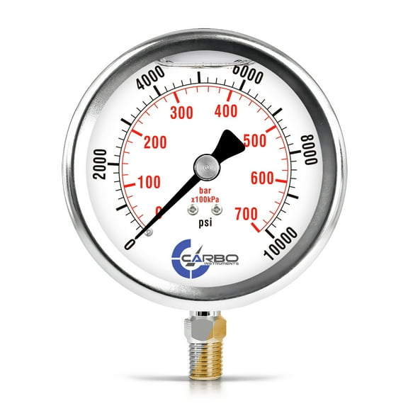 CARBO Instruments 4" Pressure Gauge, Stainless Steel Case, Chrome Plated Brass Connection, Liquid Filled, 10000 psi Lower Mount 1/4" NPT