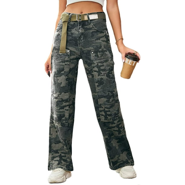 DabuLiu Women's Camo Cargo Pants Patchwork Straight Leg Streetwear