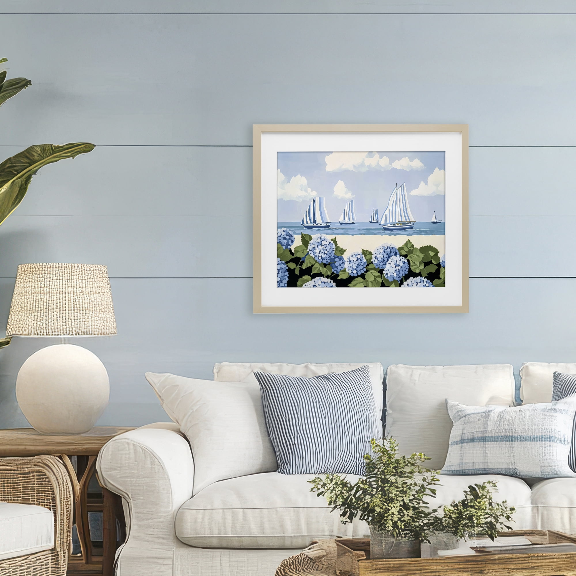 Stupell Industries Striped Sails & Seaside Hydrangeas Birch Framed Print Under Glass, design by Sisi and Seb