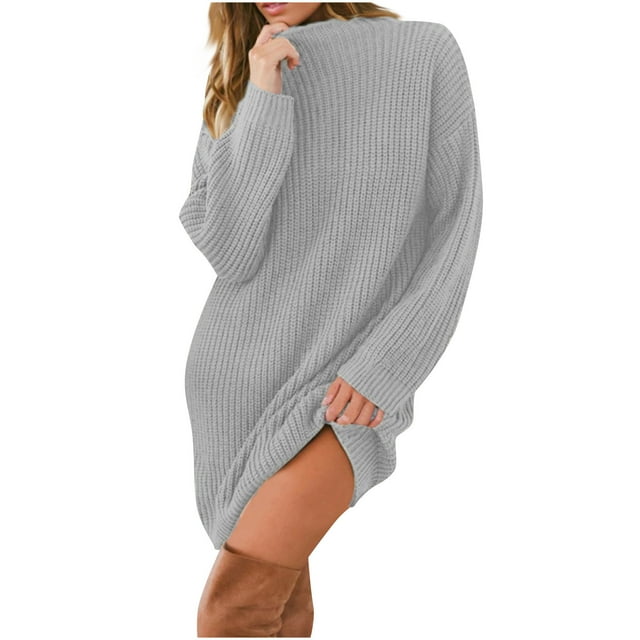 cfhntfmh Robes d'Automne pour Femmes 2024 Confortables à Manches Longues Robe Chandail Ample Décontractée Col Montant Robe Mini en Tricot