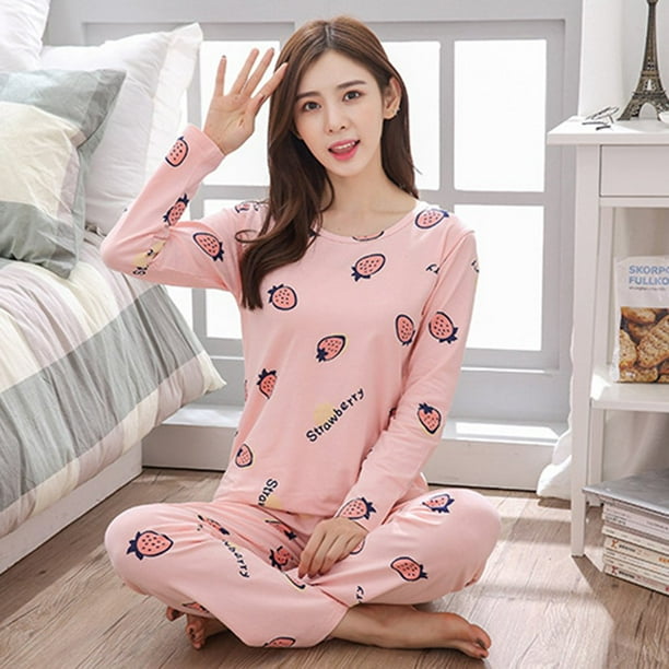 PENGXIANG Women Pajama Set Strawberry Panda Print Long Sleeve Cute O Neck Cotton Tops Pants Trouser Sleepwear Black Pink M 2XL Walmart