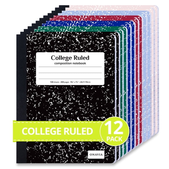 ONAVIA Composition Notebook College Ruled, 12 Pack, 200 Pages/100 Sheets, 9.75" x 7.5", Marble Composition Books Bulk, Hard Cover, Assorted Colors