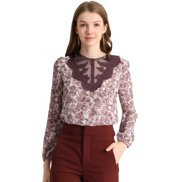 Allegra K Blusa Floral De Manga Larga Con Panel De Encaje Y Cuello Con Volantes Para Mujer Rosa L Unique Bargains Blusa