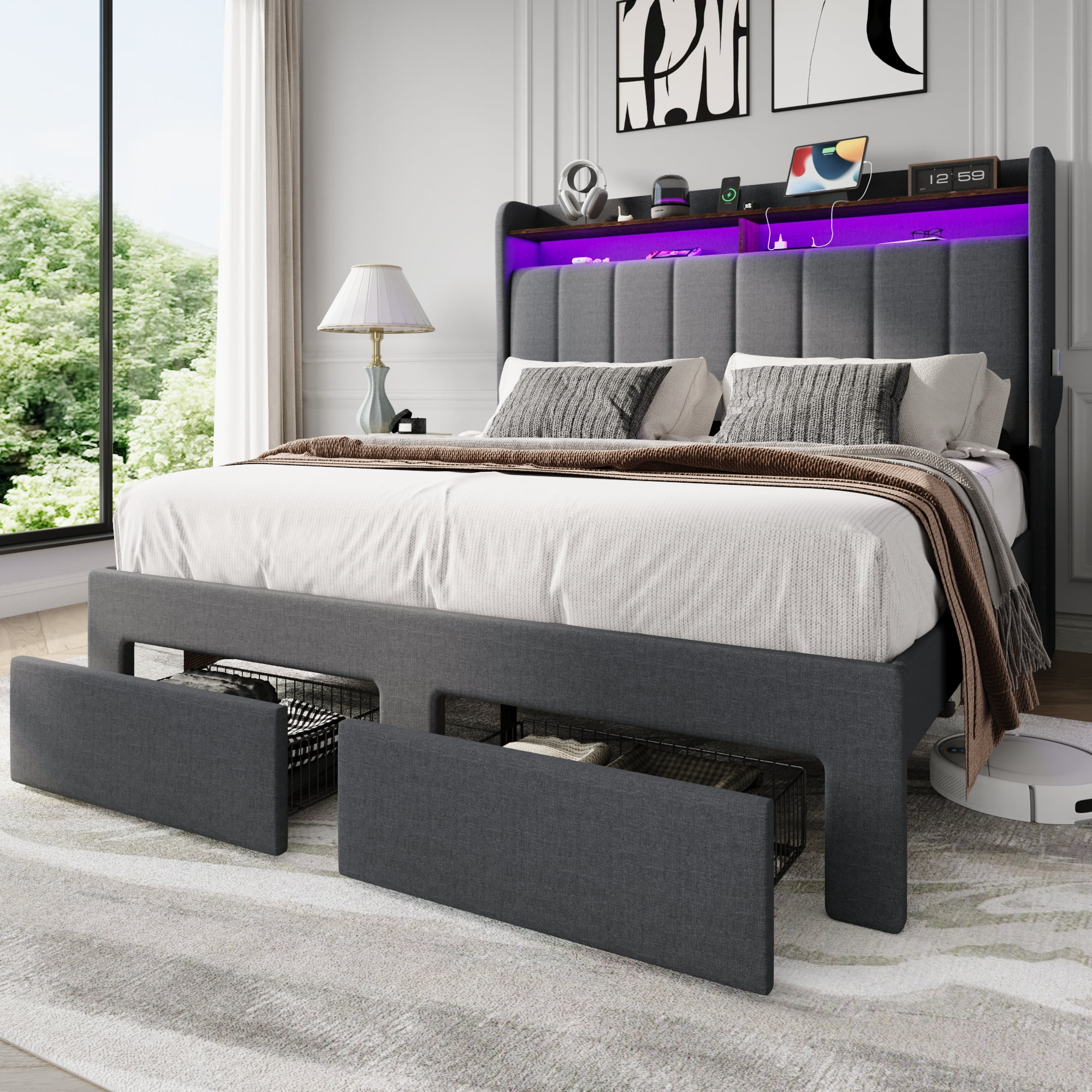 Amolife Full Size Platform Bed Frame with 2-Tier LED Storage Fabric Wingback Headboard & 2 Storage Drawers, USB & Type-C Charging Ports, Dark Grey