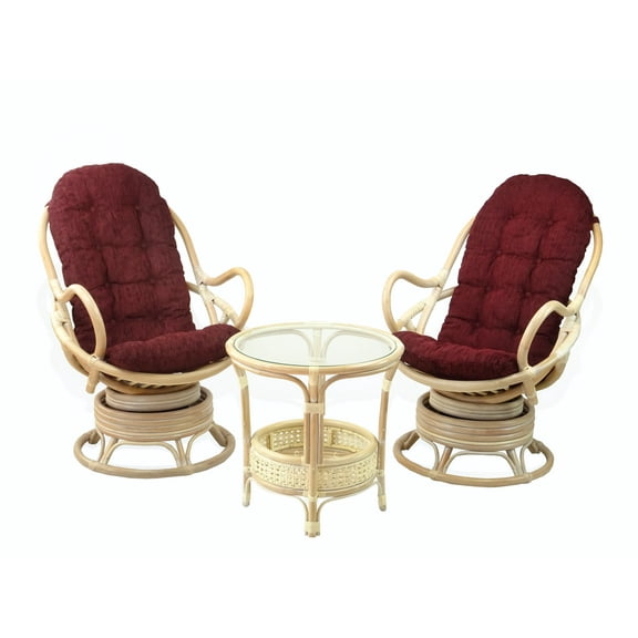 SK New Interiors Set of 2 Swivel Rocking Java Lounge Chair Natural Rattan Wicker Handmade w/Dark Brown Cushion and Round Coffee Table, White Wash