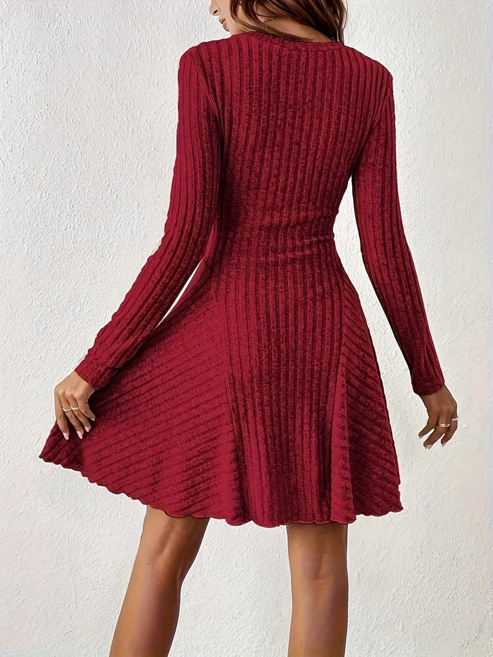 Women Long Sleeve Ribbed Knit Short Dresses Fall Winter V Neck Casual Swing A Line Sweater Dress