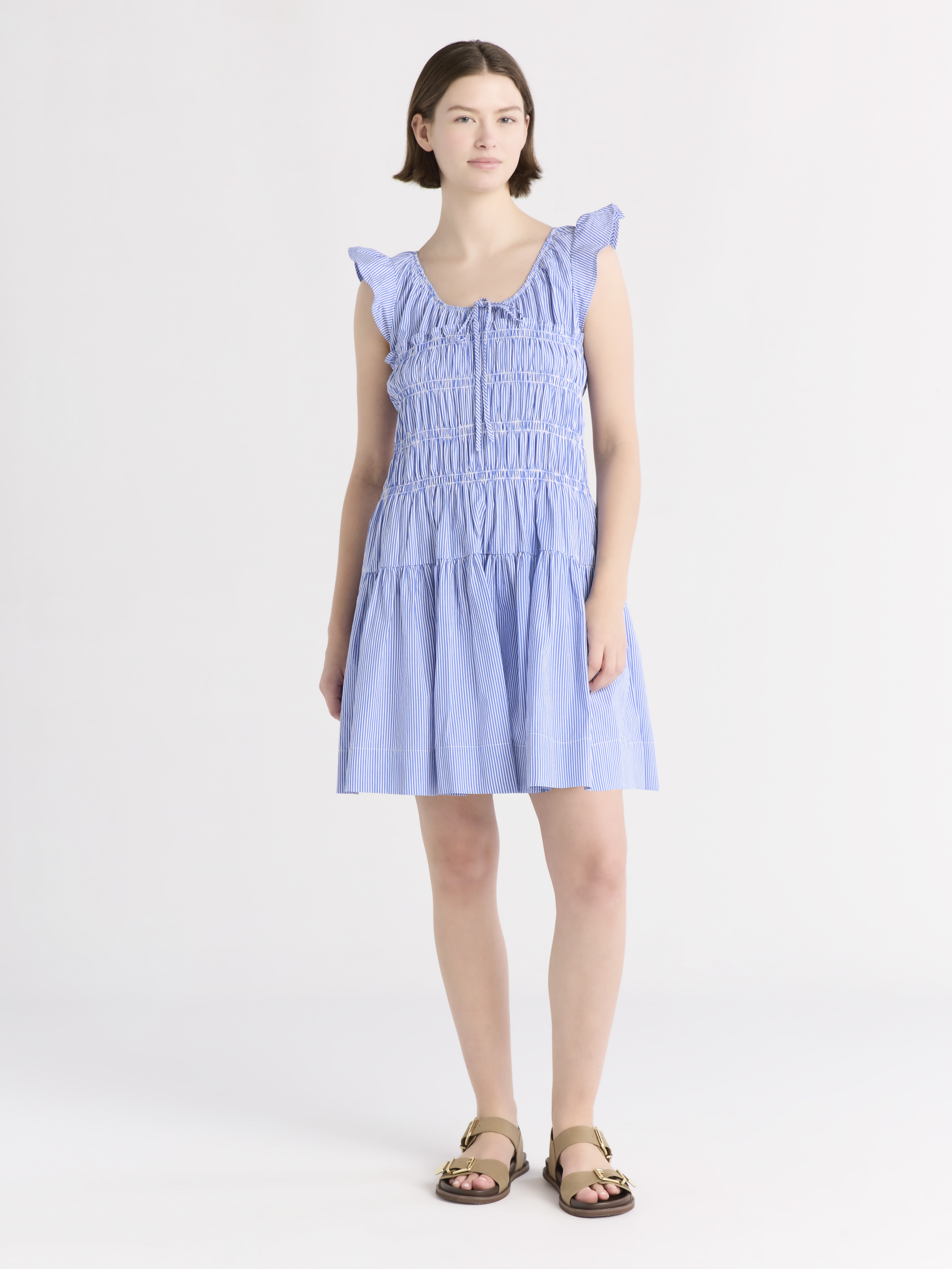 Free Assembly Women's and Women’s Plus Smocked Cotton Mini Dress with Flutter Sleeves, Sizes XS-4X