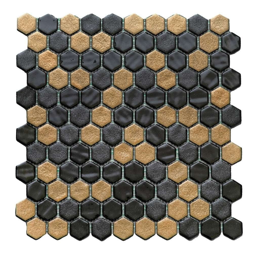 The Tile Life Eterna Hex 4" x 4" Hexagon Black & Gold Glass Mosaic Tile Sample 1 Piece