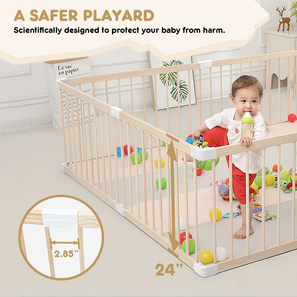 IKALIFE Extra Large Wooden Baby Playpen - Adjustable Safety Gate Play Yard 94.5"×63.5" With Locking Gate