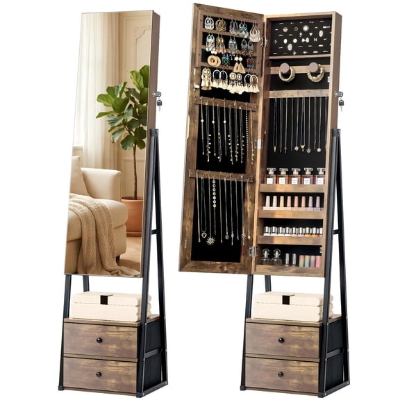 Skyhill Jewelry Cabinet Armoire, Full-Length Mirror Lockable with with 2 Drawers and Shelf（Brown）