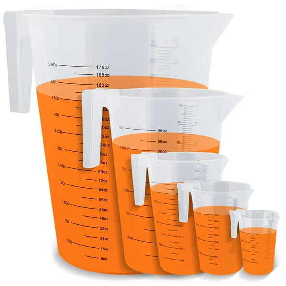 ABN 5 Piece Set of Graduated Paint Mixing Pitchers Quart and Gallon Sized Mixing Cups - 5000 ml, 3000 ml, 2000 ml, 1000 ml, 500 ml Plastic Mixing Cups for Paint, Resin, Epoxy and Home Kitchen and