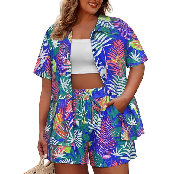 CASSIE LIZ 2 Piece Outfit for Women Short Sleeve Plus Size Lounge Sets Summer Beach Short Vacation Clothing Hawaii Shirts Floral/Leaf/Geometric (XL-5XL)