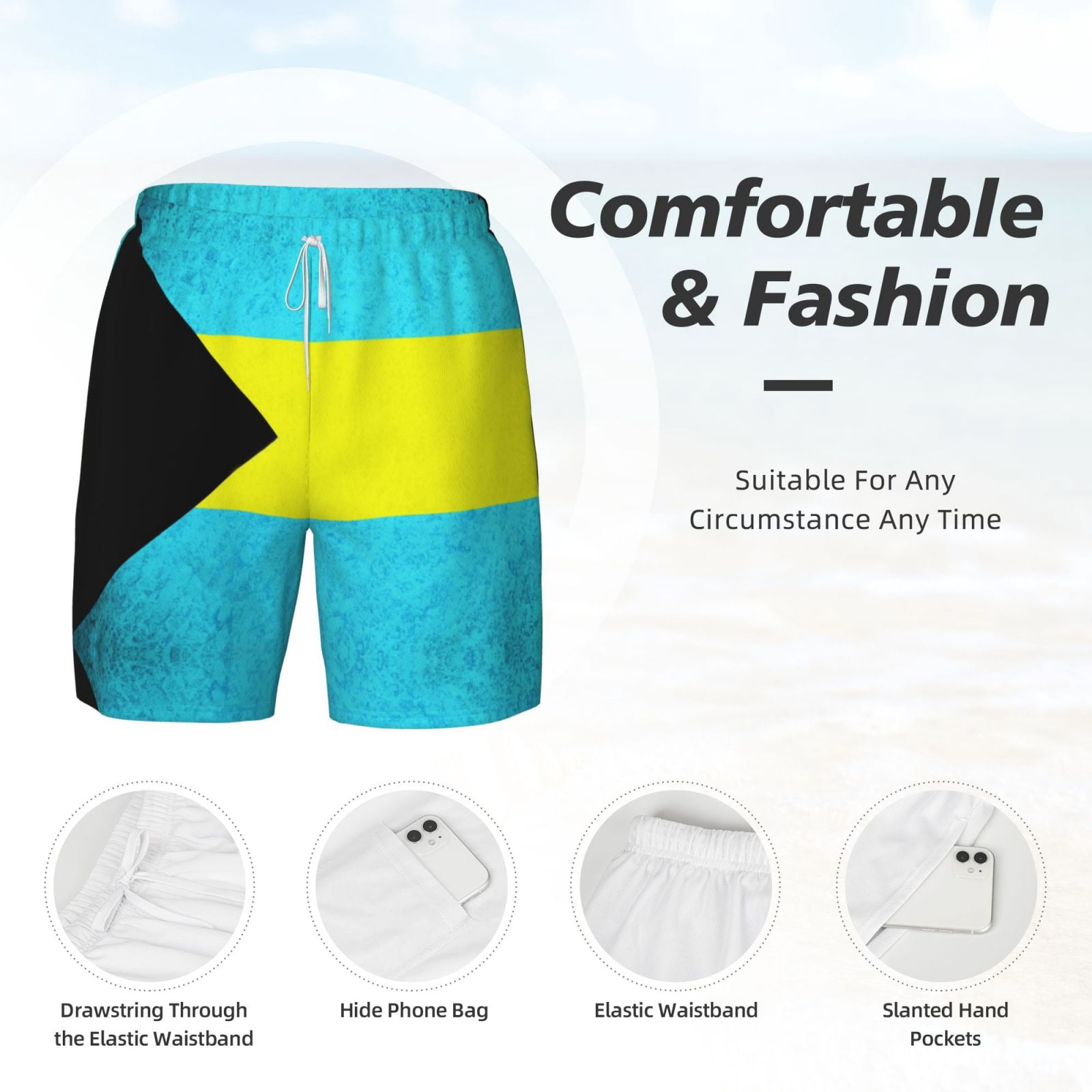 Men's Bahamas Flag Swim Trunks with Compression Liner Bathing Suit Swimwear