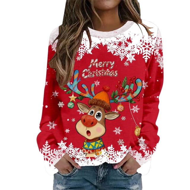 Fiaer Chandails de Noël pour Femmes Mignons et Drôles avec Graphique de Cerf, Chandail à Col Rond à Manches Longues, Grande Taille, Hauts Rouge TG
