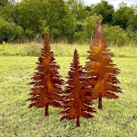 15.7in Rusted Metal Evergreen Tree Garden Stake for Christmas Farmhouse Decor, Vintage Rustic Outdoor Lawn Yard Holiday Decoration