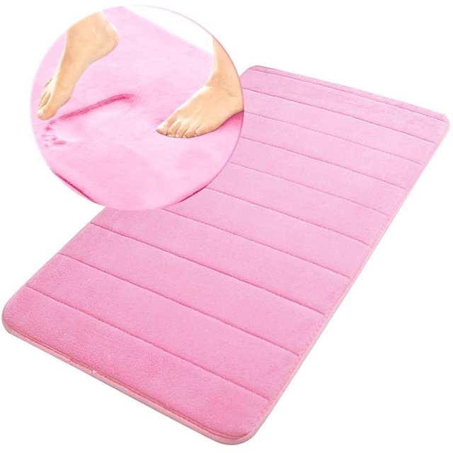 Memory Foam Bath Mat Non Slip Absorbent Super Cozy Velvet Bathroom Rug Carpet Super Water Absorption Bathroom Carpet Non-Slip Thick Bathroom Mat (17" X 24", Pink)