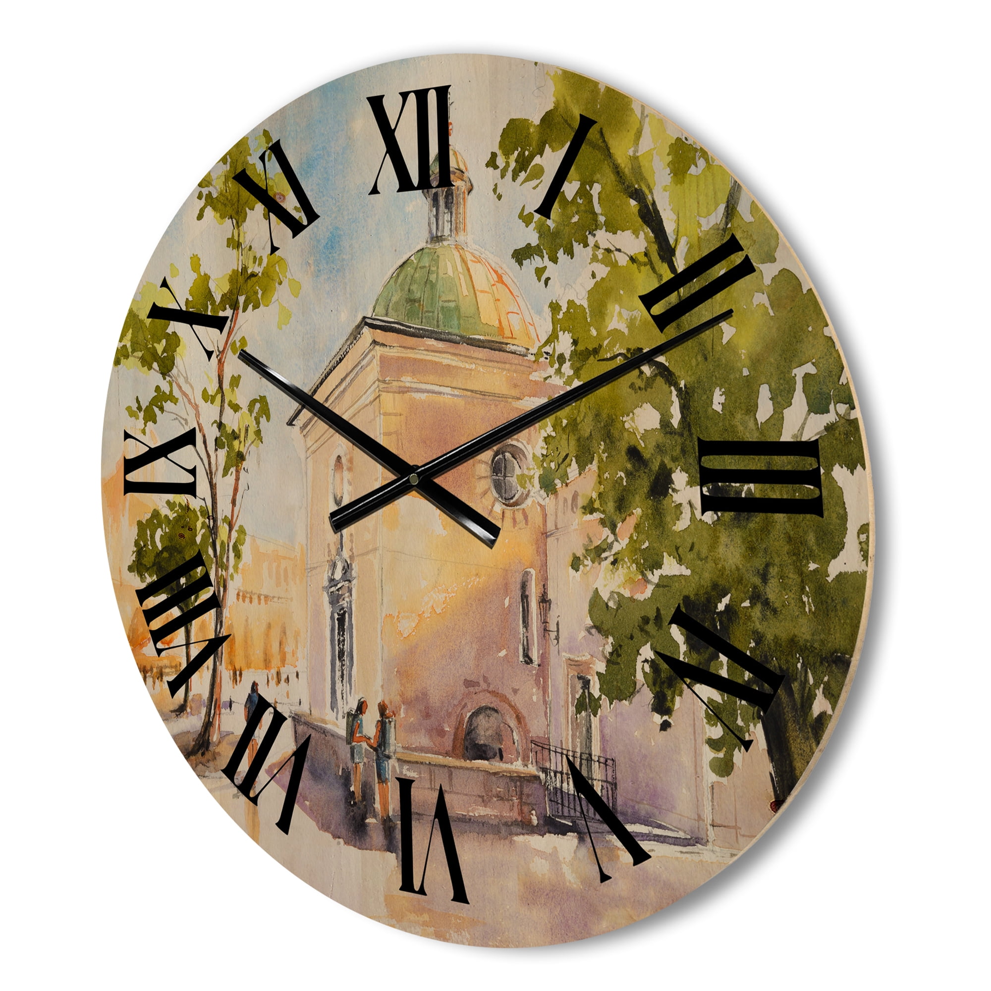 Designart 'People At Rustic Church In The Village' Country Wood Wall Clock