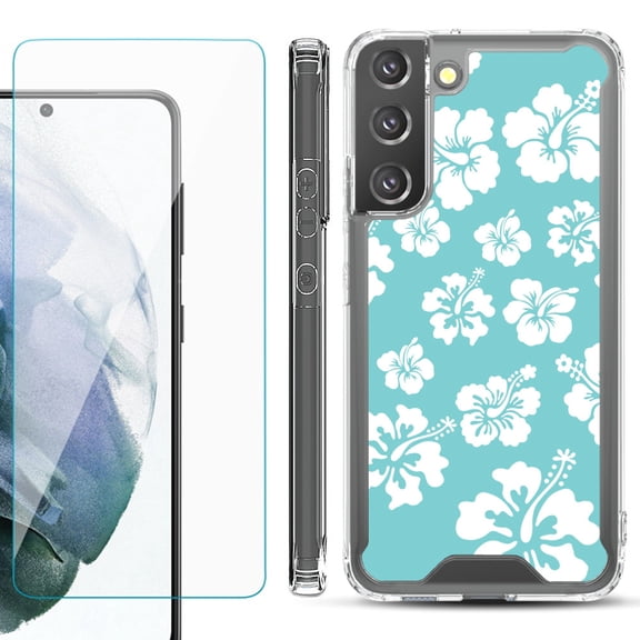 Shockproof Bumper Phone Case for Samsung Galaxy S22 5G, with Tempered Glass Screen Protector, by OneToughShield ® - Hibiscus Teal