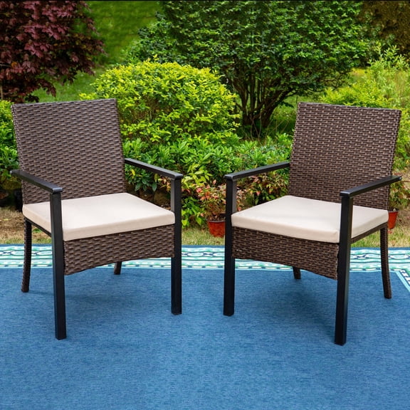 MF Studio Set of 2 Outdoor Patio Wicker Dining Chairs with Beige Cushions, Dark Brown