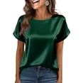thumbnail image 5 of Women Satin Short Sleeve Blouse Crew Neck Loose Fit Casual Basic Top Lightweight Soft Silky TShirt for Everyday Wear Green L, 5 of 5