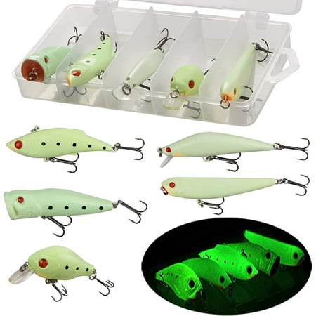 Glow Fishing Lures Bait Kit 5pcs Luminous VIB Popper Crank Minnow Pencil Night Hard Baits with Treble Hook Fishing Tackle Box