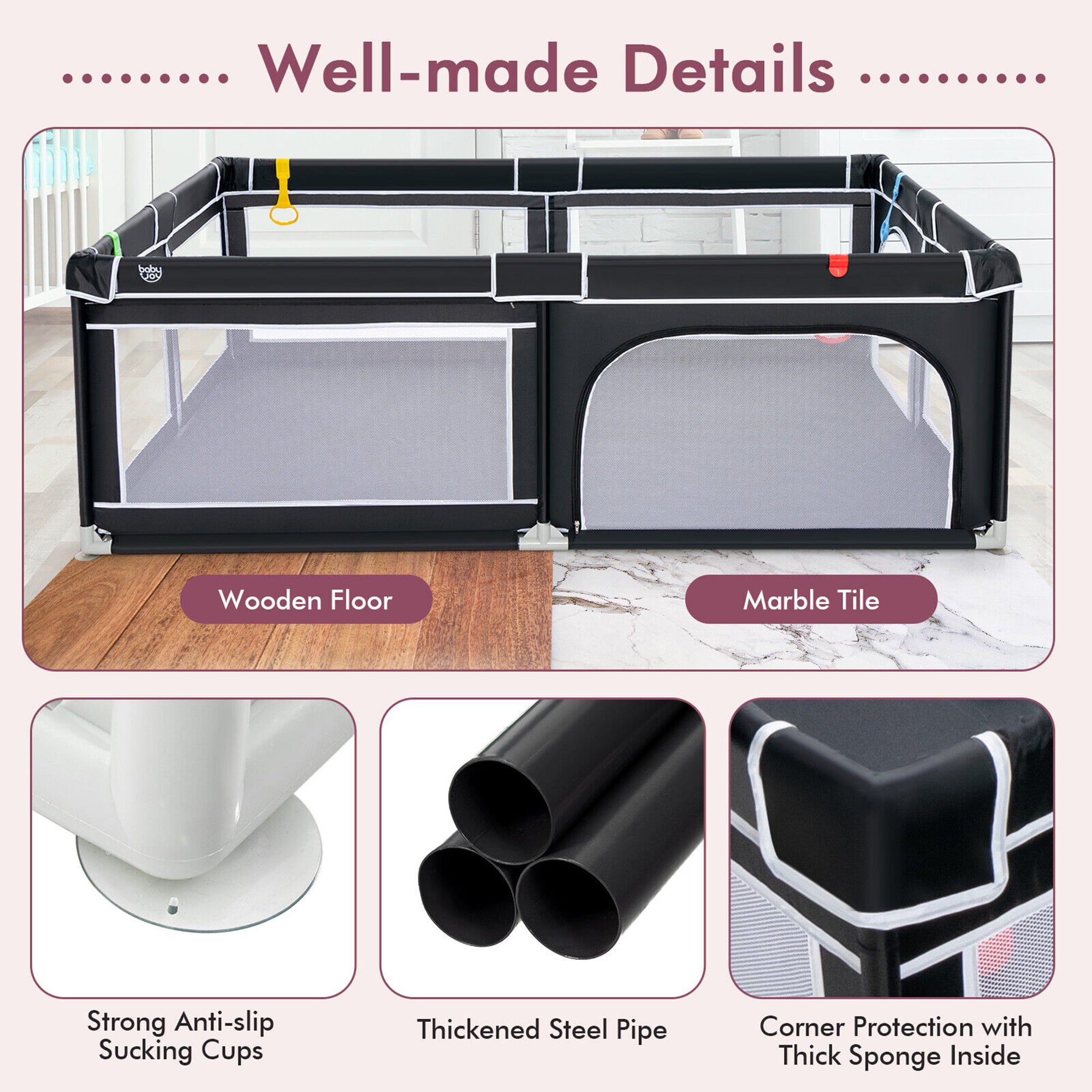 Gymax Baby Playpen Extra-Large Safety Baby Fence w/ Ocean Balls & Rings Black