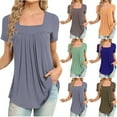 thumbnail image 4 of WREESH Casual Solid Color Tunic Top Women's Summer Square Neck Short Sleeve Blouse Brown, 4 of 5
