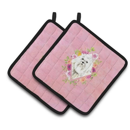

7.5 x 7.5 in. Maltese Pink Flowers Pair of Pot Holders