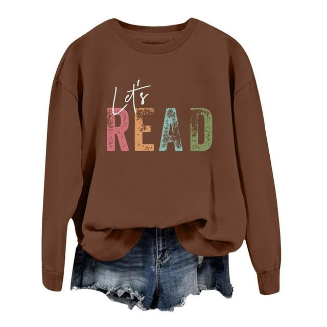 WEAIXIMIUNG Teacher Sweatshirt Custom Reading Book Sweatshirt Women Let's Read Graphic Long Sleeve Shirts Crewneck Teacher Library Bookish Pullover Tops