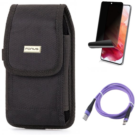 6ft USB Cable w Privacy Screen Protector w Case Belt Clip for Samsung Galaxy S21 Plus - Purple Type-C, TPU Film Fingerprint Works, Swivel Holster Accessory Bundle