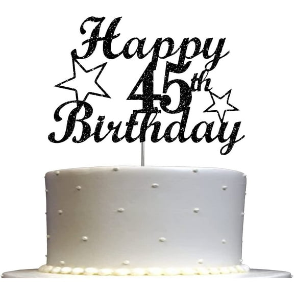 45 Birthday Black Glitter Cake Topper, 45th Party Decoration Ideas, Sturdy Doubled Sided Glitter, Acrylic Stick. Made in USA