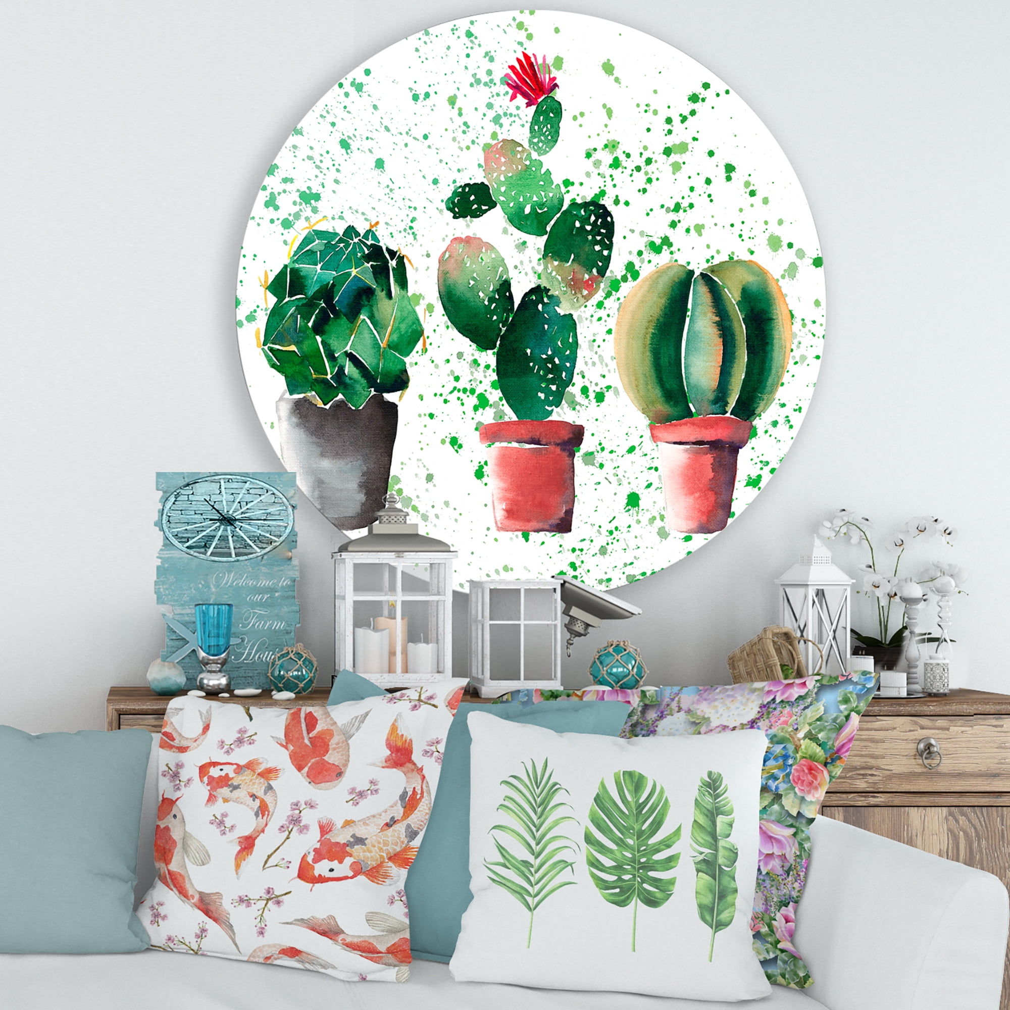 Designart 'Three Cacti In Clay Pots With Green Dots' Traditional Circle Metal Wall Art 29x29 - Disc of 29