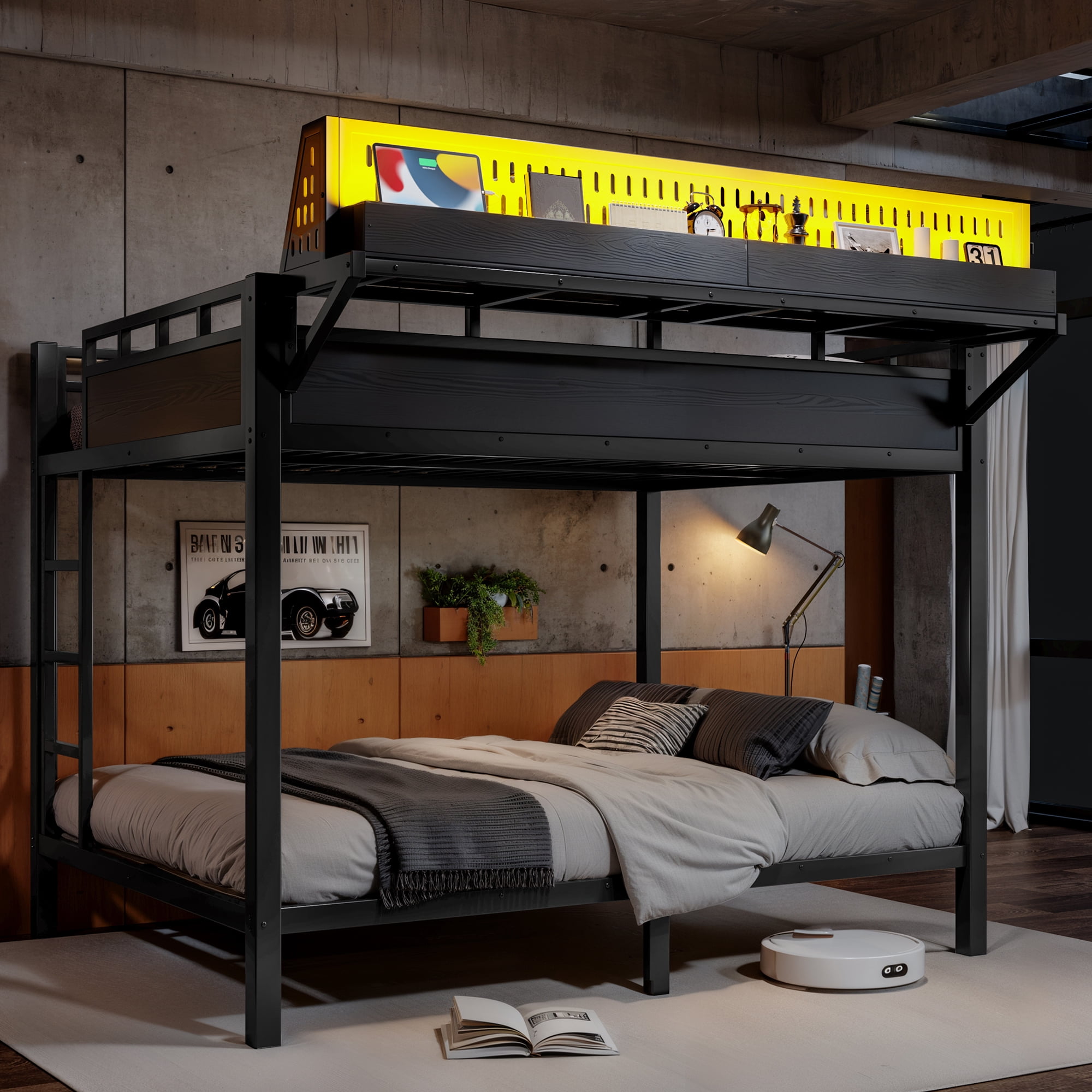 Leumius Queen over Queen Size Metal Bunk Bed with Storage Shelves and Pegboard, Bunk Bed Frame with USB Ports and LED Lights, Space-Saving for Teens and Adults Black