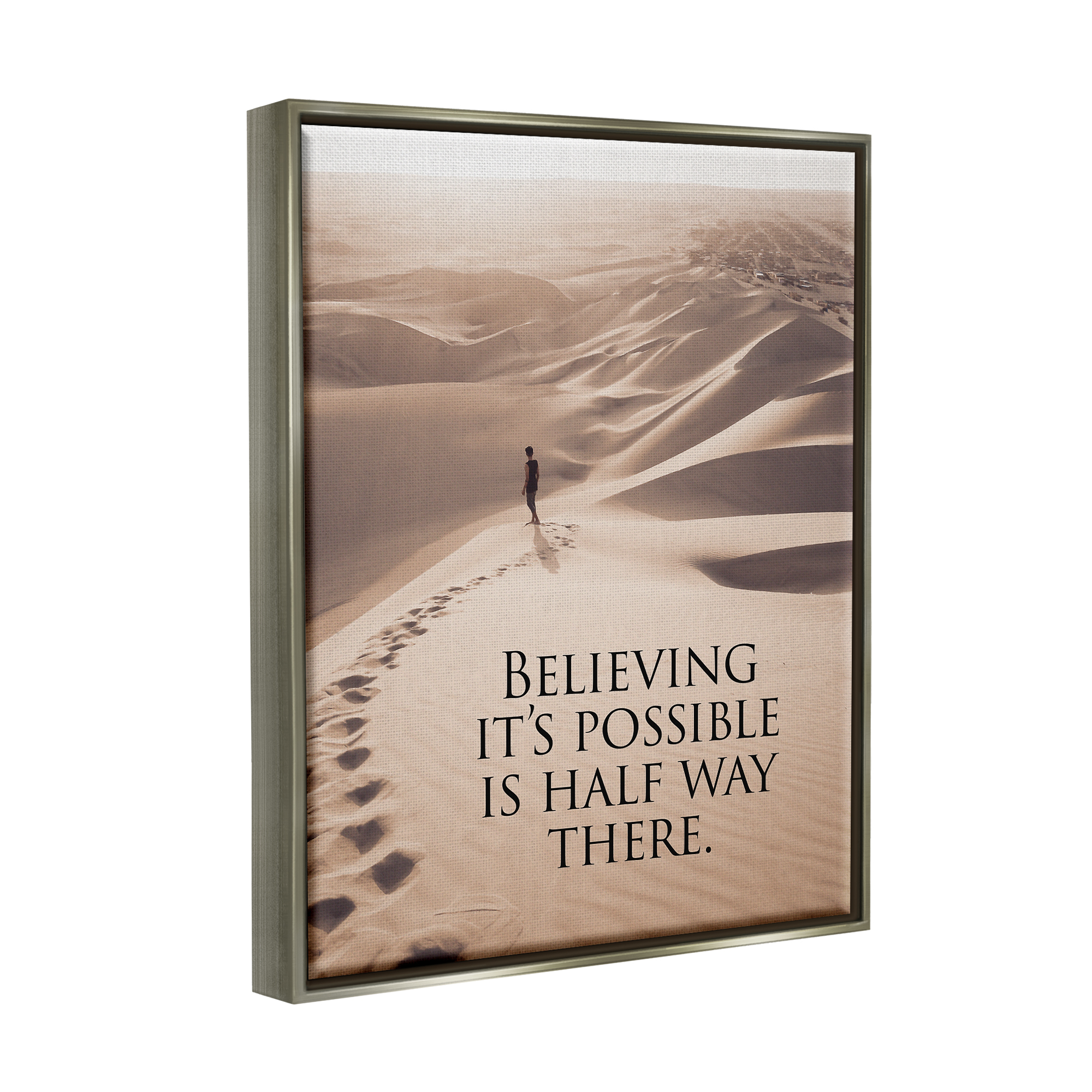 Stupell Industries Motivational Believe It's Possible Landscape Painting Gray Floater Framed Canvas Art Print Wall Art, 17 x 21