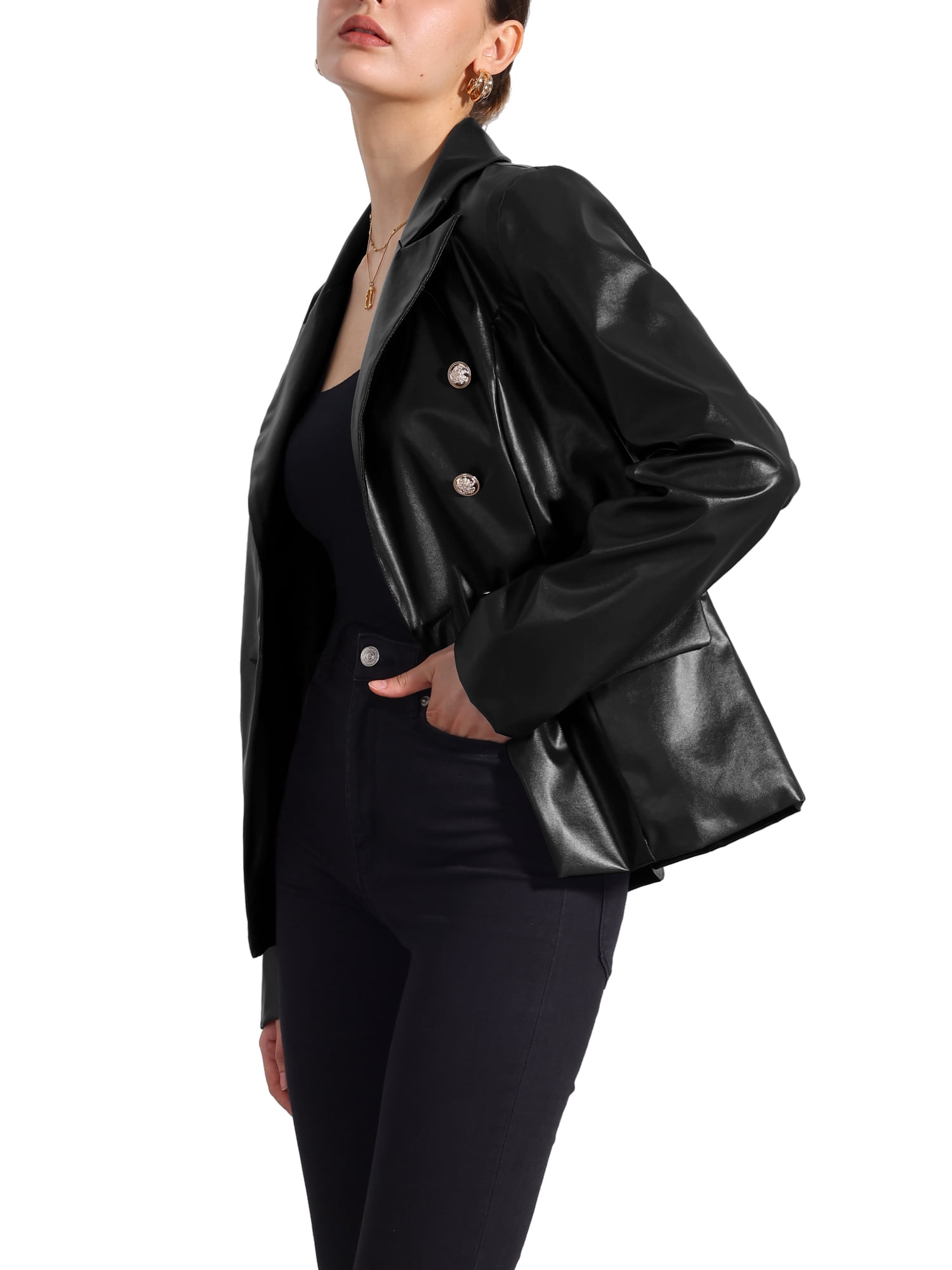INSPIRE CHIC Women's Notched Lapel Faux Leather Blazer Double Breasted PU Work Formal Jackets