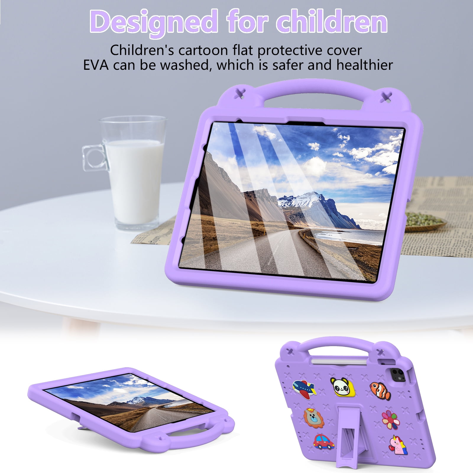 Nalacover Cartoon Handle Case for Apple iPad Air 11 inch 2024 Case, EVA Foam Cute Pattern with Pencil Holder Kickstand Cute Shockproof PC Case for iPad Pro 11 inch 2024, Lightpurple