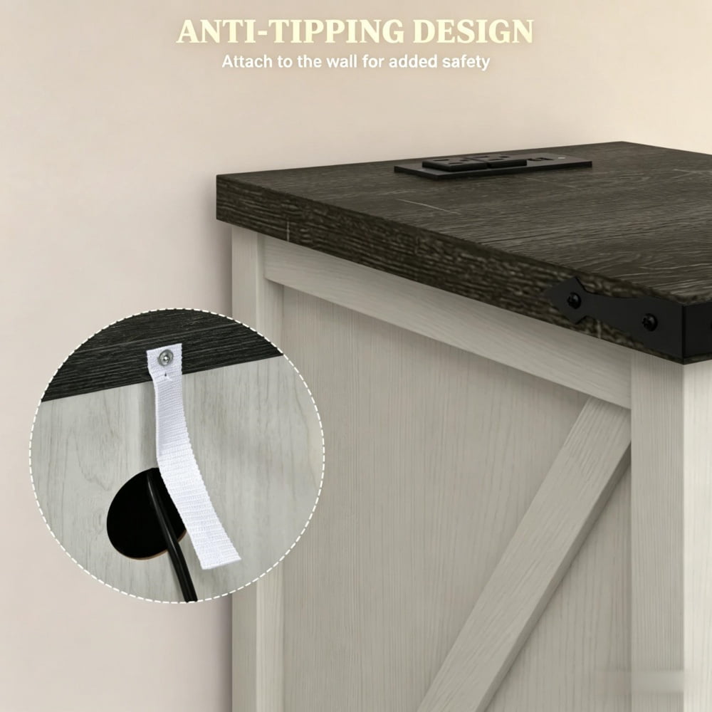 Distressed White Farmhouse End Table with AC Outlets & USB Ports, 2-Tier Storage Cabinet with Barn Door, Anti-Tipping Rustic Side Table for Living Room Bedroom