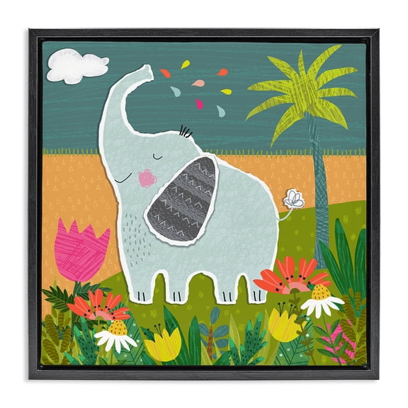 Stupell Industries Cottage Tropical Elephant Scene Black Floating Frame Canvas Art, 18 x 18, by Tina Finn