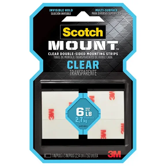 Scotch-Mount Clear Double-Sided Mounting Strips, 1 in x 3 in, 8 Strips