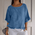 thumbnail image 2 of Women Summer Cotton Linen T Shirts Solid Cotton and Linen Ruffle Pleated Hem Tops Half Sleeve Round Neck Casual Shirt Comfortable Shirts, 2 of 5