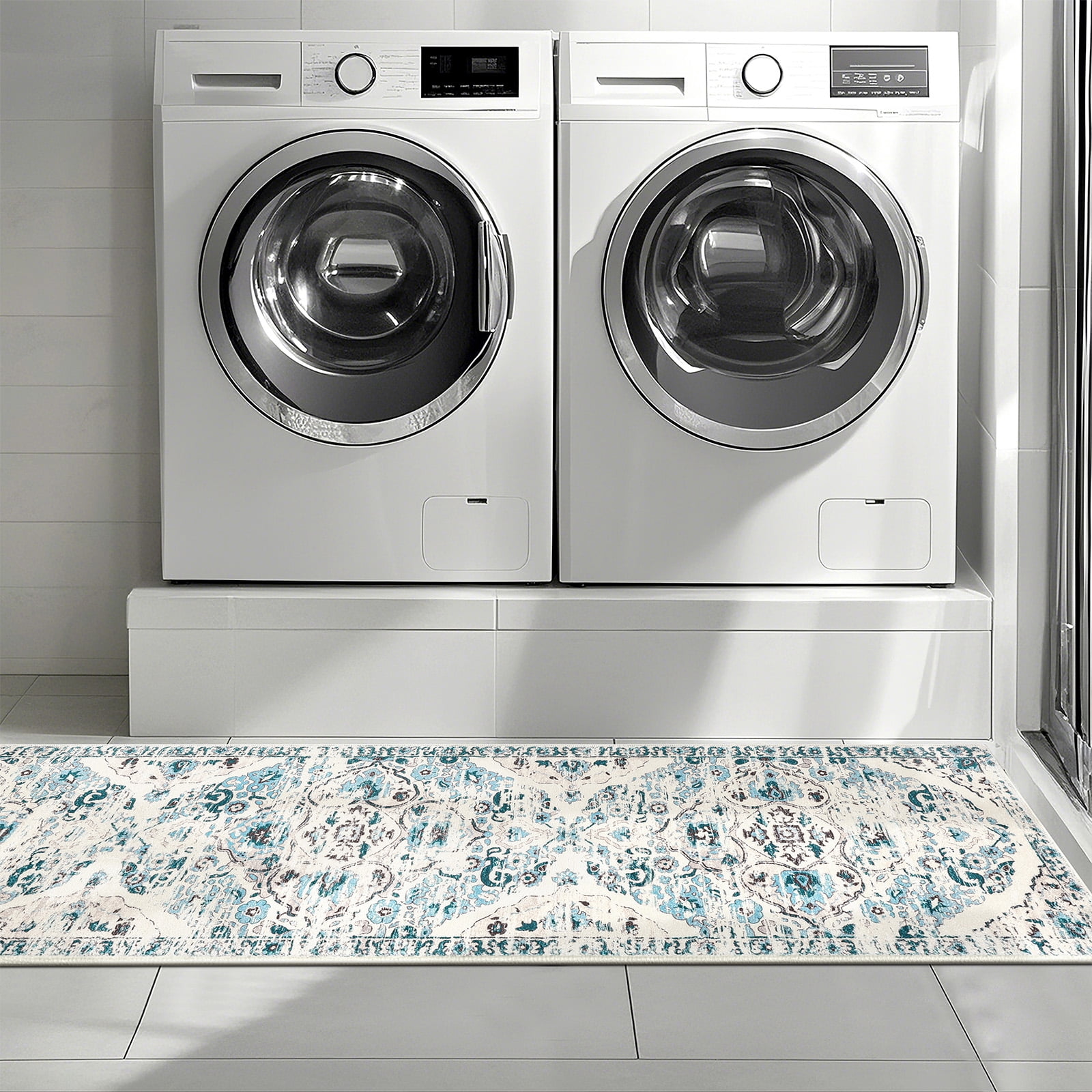 MeyJey 2'x8' Boho Runner Rug for Hallway, Non Slip Machine Washable Rug Distressed Vintage Floor Carpet for Bedroom Kitchen Laundry Room, Blue/Beige