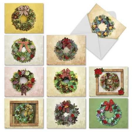 'M2942XTG SUCCULENT WREATHS' 10 Assorted Christmas Thank You Notecards Featuring Holiday Wreaths Made Out of Live Plants, with Envelopes by The Best Card