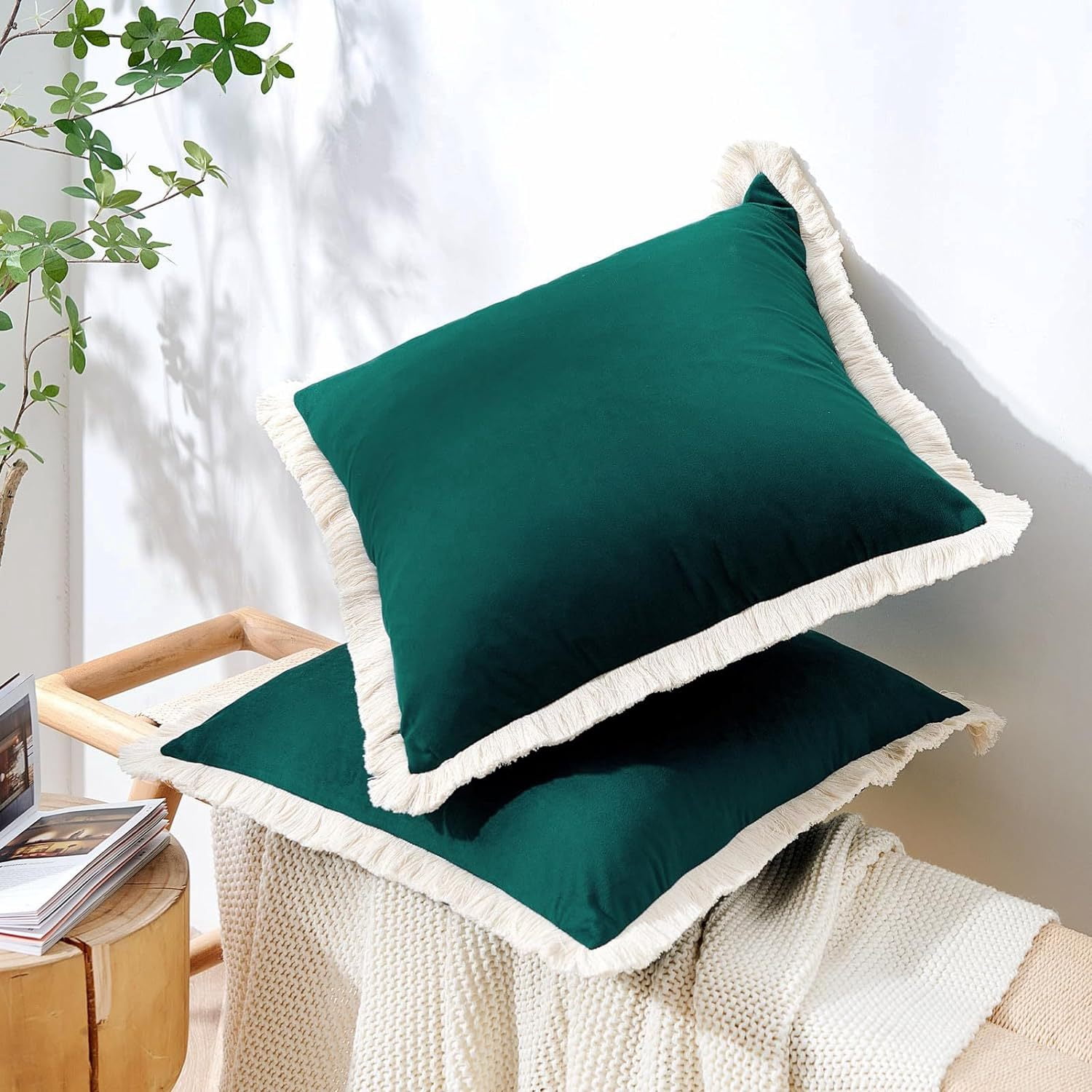 Yumcute Pillow Covers 16x16 Set of 2 Beige Throw Pillow Covers with Fringe Chic Cotton Decorative Pillows Square Cushion Covers for Sofa Couch Bed Boho Decor