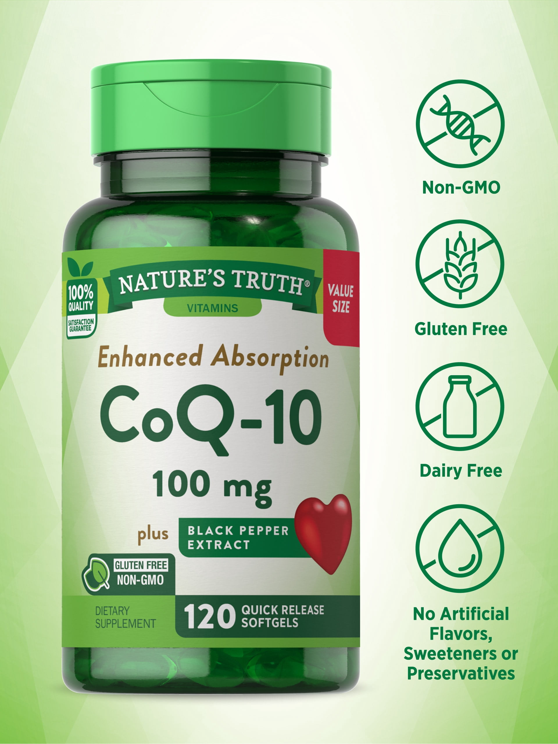 CoQ10 100mg | 120 Softgels | High Absorption | Non-GMO & Gluten Free Coenzyme Supplement | with Black Pepper Extract | by Nature's Truth