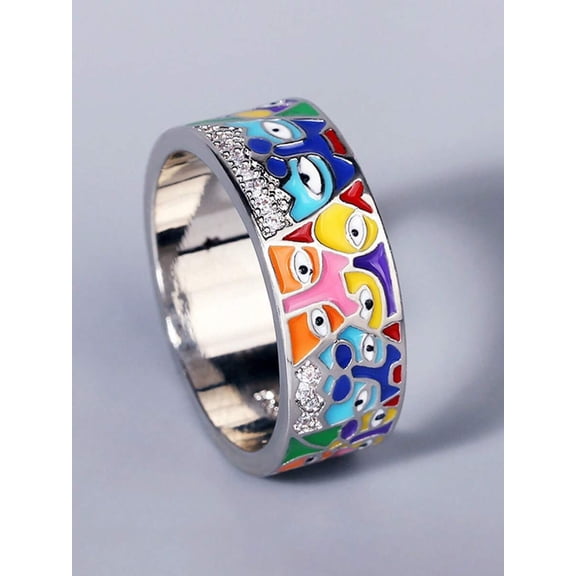 Multicolor Enamel & Cubic Zirconia Statement Ring For Women, Fashion Jewelry Gift