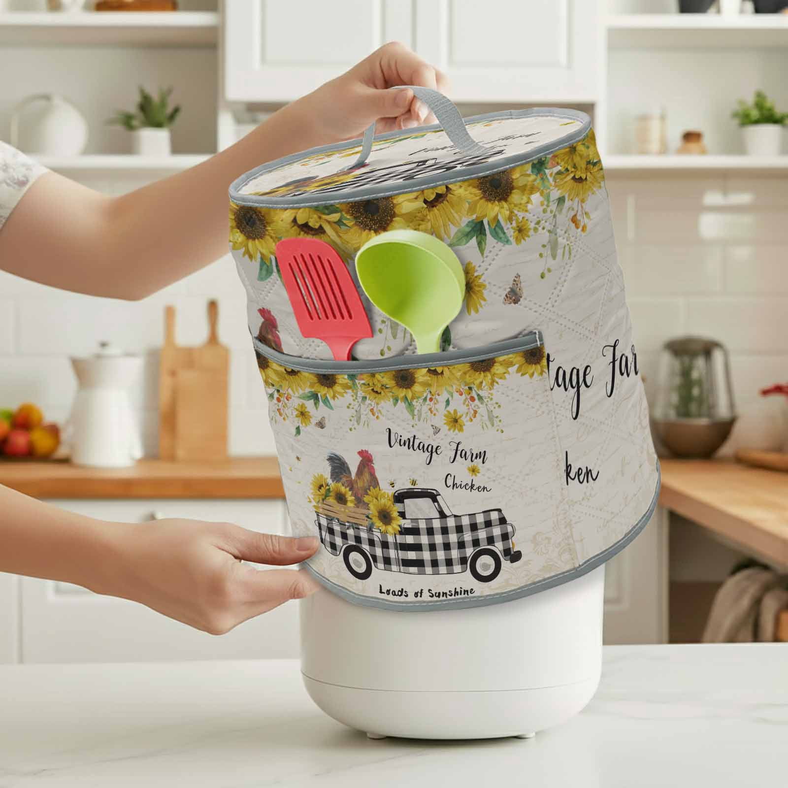 Chicken Truck Sunflower Rice Cooker Cover 6 Quart Vintage Farm Loads of Sunshine Pressure Cooker Cover Appliance Protector Dust Case with Pocket and Handle for Kitchen