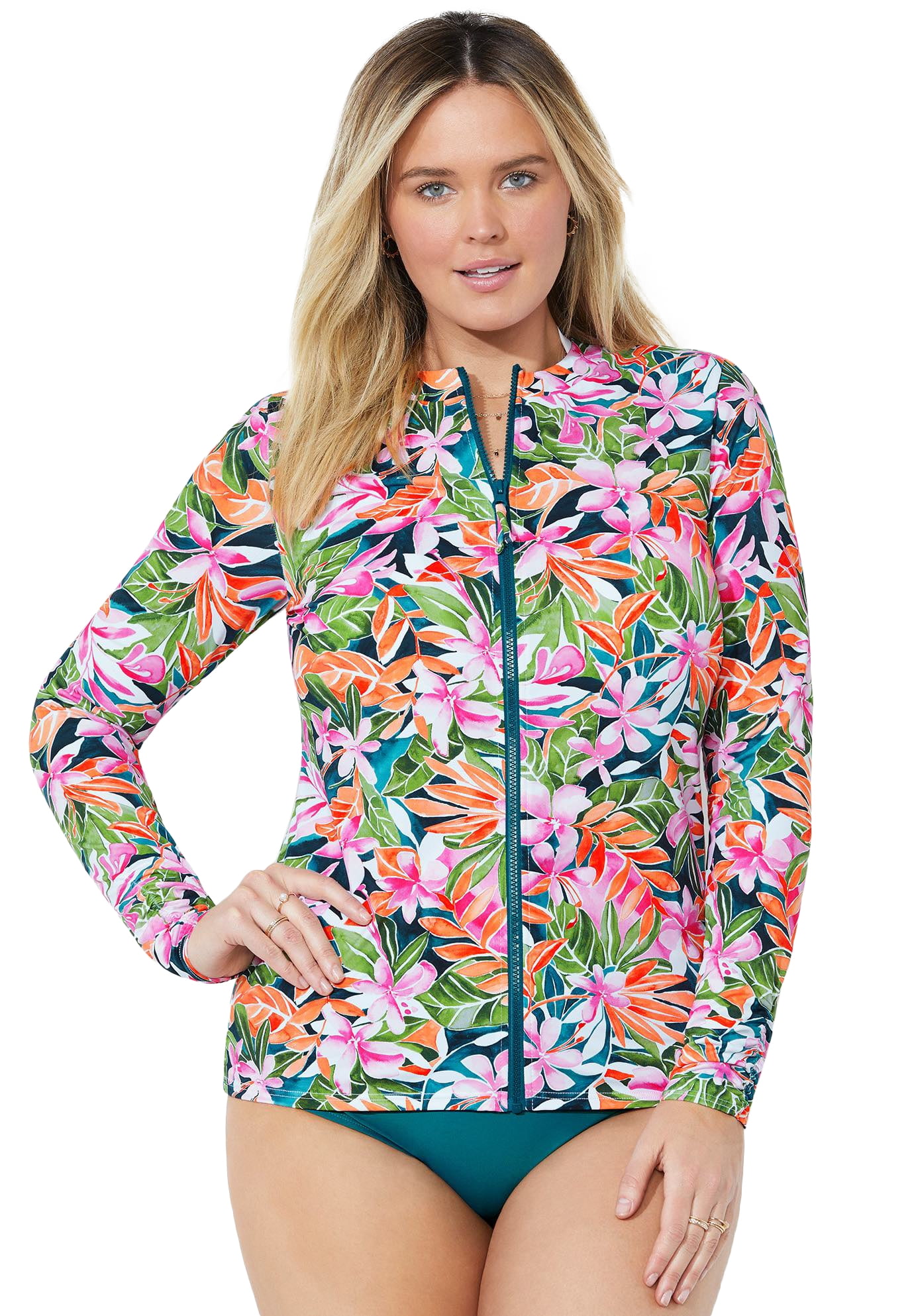 Swimsuits For All Women's Plus Size Chlorine Resistant Zip Up Swim Shirt 10 Summer Tropic