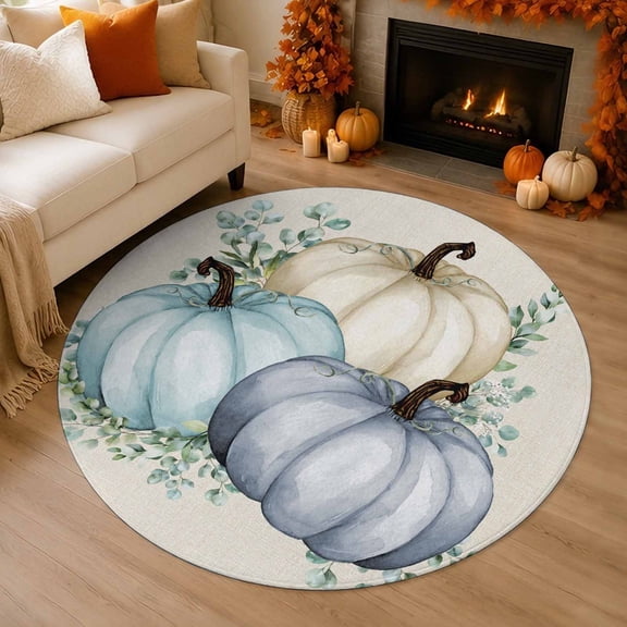 Fall Watercolor 3' Round Rug for Bathroom Accent Bedside Corner, Blue Pumpkins and Eucalyptus Leaf Retro Linen Washable Non Slip Soft Circle Area Rug for Small Spaces Entryway